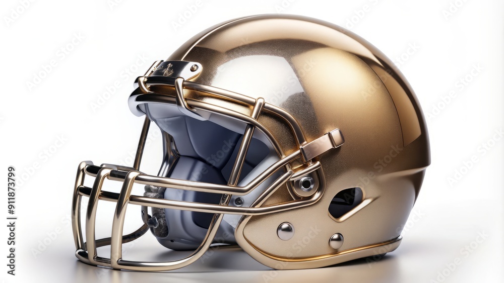 Football helmet replica with metallic finish and intricate design details sits isolated on a clean white background, evoking American football and sports enthusiasts. Football helmet replica with metallic finish and intricate design details sits isolated on a clean white background, evoking American football and sports enthusiasts.