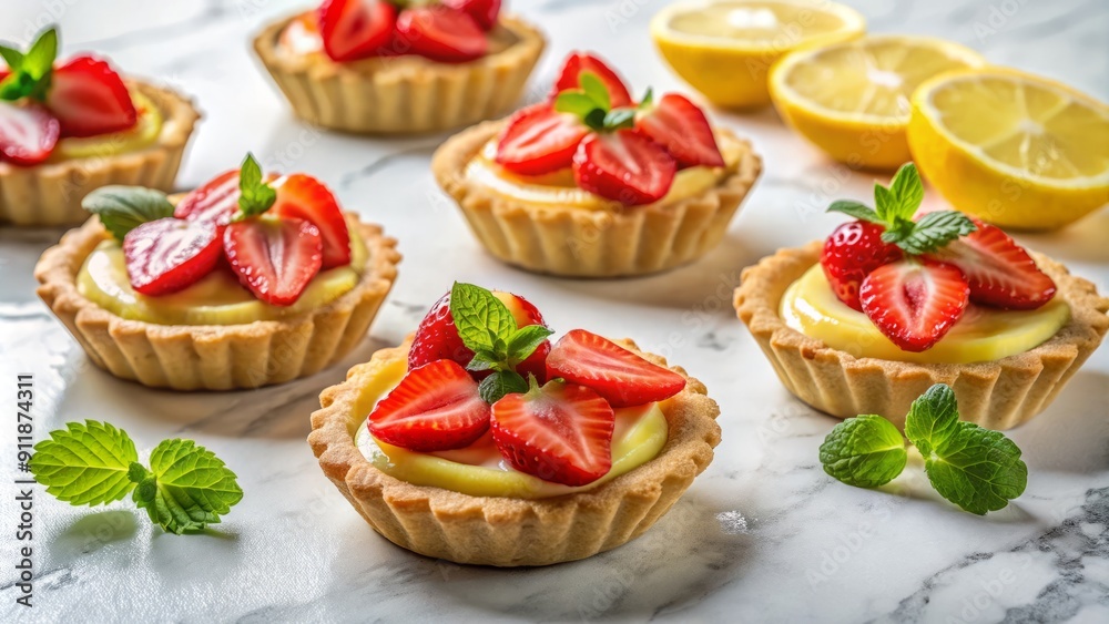 Freshly baked homemade tartlets adorned with lemon zest and garnished with aromatic strawberries and green mint leaves on a elegant white marble table top. Freshly baked homemade tartlets adorned with lemon zest and garnished with aromatic strawberries and green mint leaves on a elegant white marble table top.