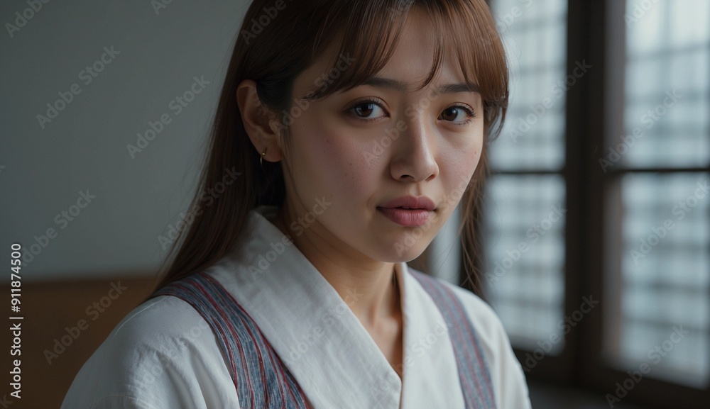 Young woman in traditional dress against textured backdrop. Young woman in traditional dress against textured backdrop.