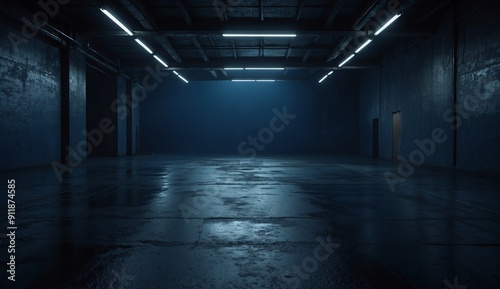 Dimly lit empty warehouse interior with concrete floor.