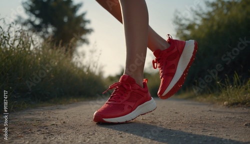 Woman wearing red sneakers on a gravel path outdoors.