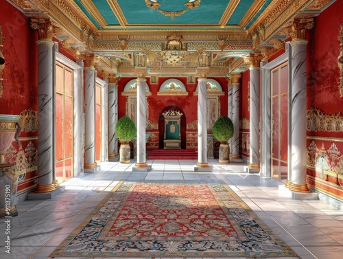 Elegant Red Room With Intricate Architecture and Luxurious Details in Historic Palace Interior