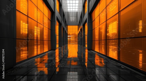 Bright Orange Reflections in Modern Hallway With Sleek Black Flooring at Sunset