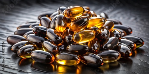 Heap of dark gel capsules surrounded by a small pool of oil, representing a dietary supplement rich in vitamins, fish oil, and omega-3 fatty acids. photo