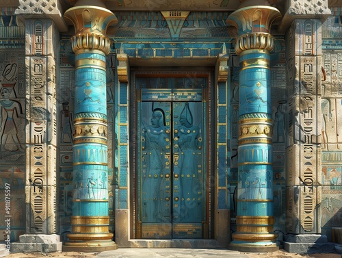 Ancient Egyptian Temple Entrance Featuring Intricate Blue Hieroglyphics and Ornate Columns in Bright Daylight