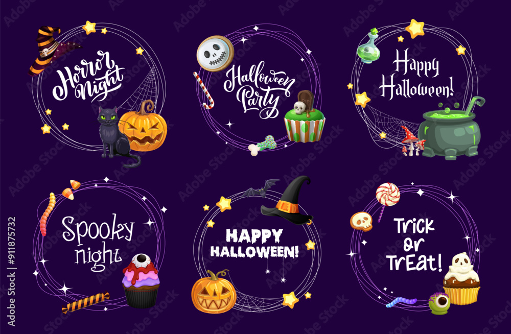 Halloween holiday frames with sweets, witch hat and pumpkins, vector cartoon borders. Halloween spooky horror night frames with candy skull, eye lollipop and ghost cupcake with potion cauldron Halloween holiday frames with sweets, witch hat and pumpkins, vector cartoon borders. Halloween spooky horror night frames with candy skull, eye lollipop and ghost cupcake with potion cauldron