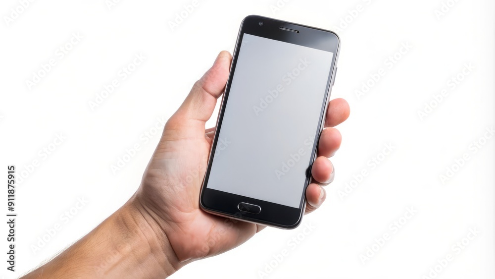 Isolated on a clean white background, a solitary hand cradles a dormant cellphone, its blank screen a stark contrast to the vibrant digital world it usually holds. Isolated on a clean white background, a solitary hand cradles a dormant cellphone, its blank screen a stark contrast to the vibrant digital world it usually holds.
