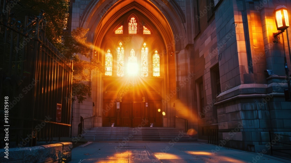 Sunset Light Streaming Through Stained Glass Windows of Historic Church Entrance Sunset Light Streaming Through Stained Glass Windows of Historic Church Entrance