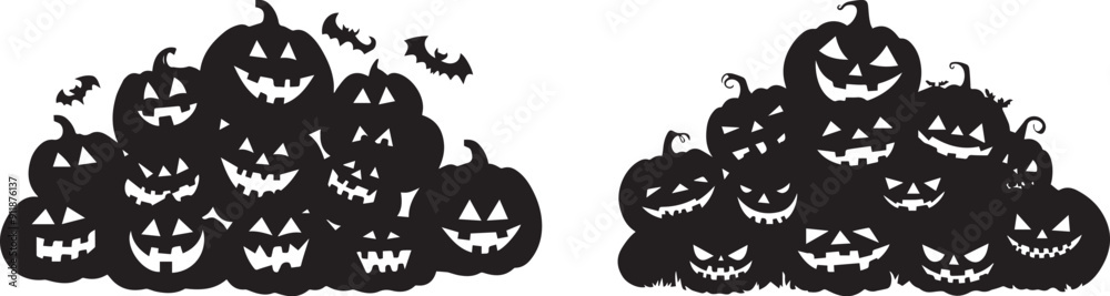 Silhouette of pile of halloween pumkins vector icon, black and white
