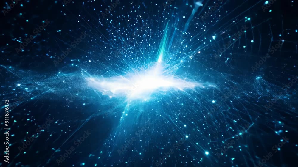 Close-up: Neon blue light streaks converge in dark cyberspace. Shimmering focal point draws the eye. Glowing particles scatter, creating depth and dynamic energy.	