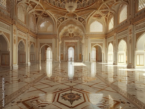 Intricate Architectural Design of Luxurious Hallway in Grand Palace During Daylight Hours
