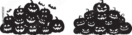 Silhouette of pile of halloween pumkins vector icon, black and white