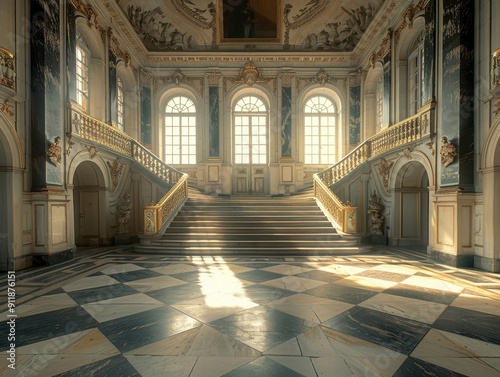Grand Interior Hall With Decorative Staircase and Natural Light in Historic Building During Daytime
