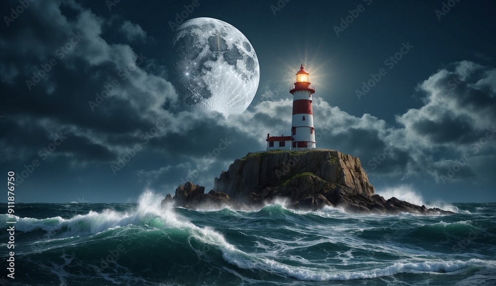 Lighthouse by the sea with moonlight and waves crashing. Lighthouse by the sea with moonlight and waves crashing.