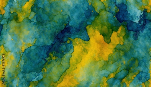 Abstract watercolor artwork with green, blue, and yellow hues.