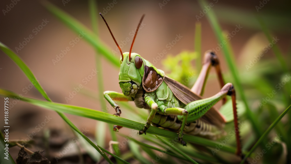 A grasshopper with a long antennae sitting on top of some green leaves, AI