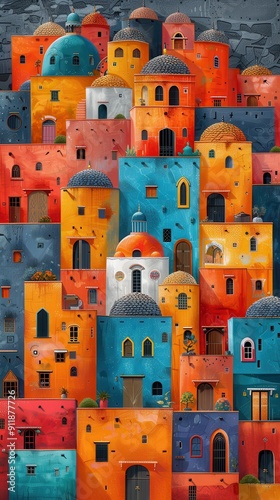 Vibrant Colorful Buildings Stacked in an Artistic Hilltop Village During Daylight