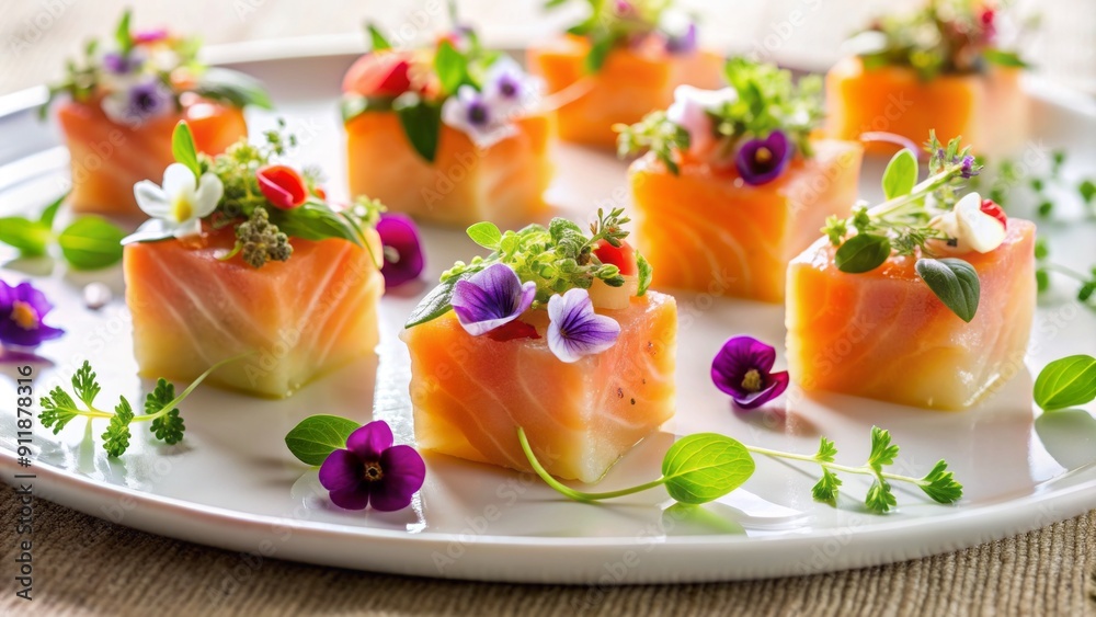 Delicate smoked salmon terrine bites, garnished with microgreens and edible flowers, are artfully arranged on a pristine white plate, evoking a luxurious festive ambiance. Delicate smoked salmon terrine bites, garnished with microgreens and edible flowers, are artfully arranged on a pristine white plate, evoking a luxurious festive ambiance.