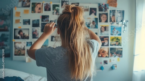 A young woman capturing memories as she takes photos of a vibrant collage of pictures on her bedroom wall.