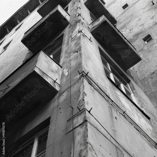 Architectural Details of a Tall Concrete Building in Urban Environment Captured From Below