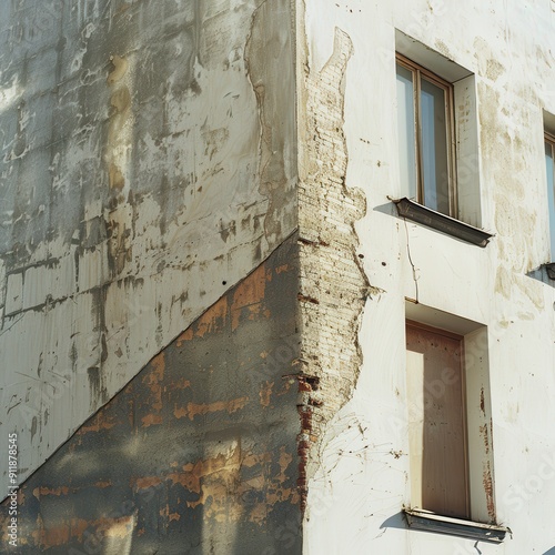 Weathered Urban Building Facade With Peeling Paint and Visible Cracks in Bright Afternoon Light