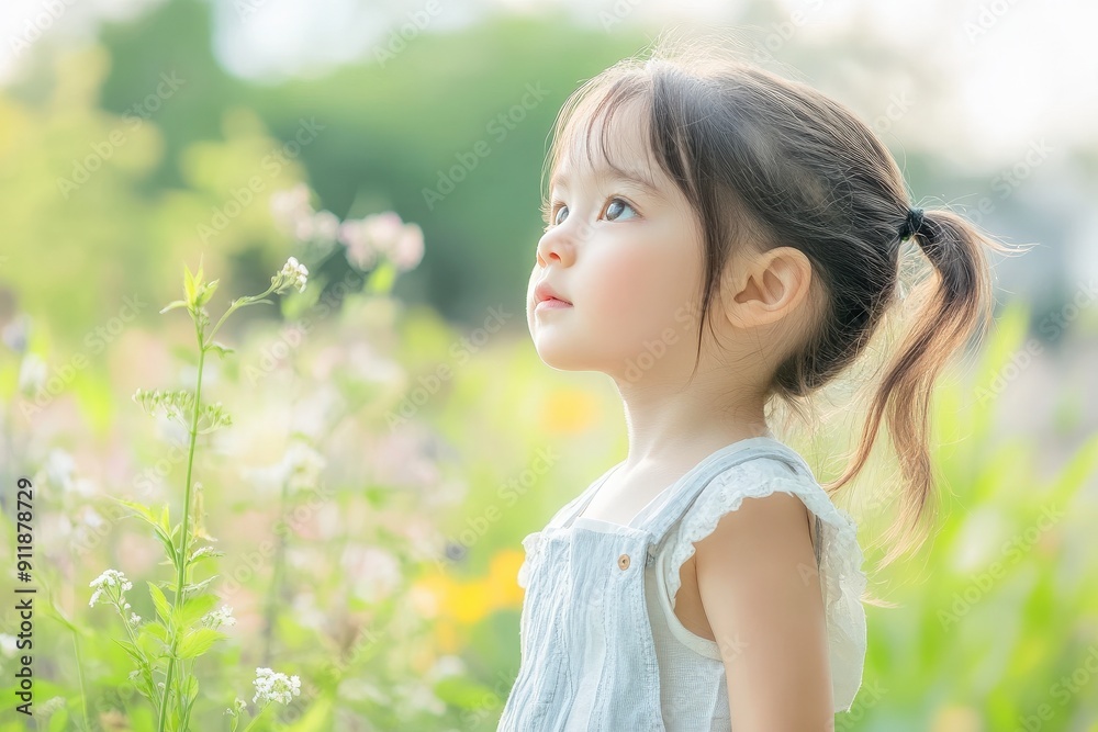 春の花が咲く中、女の子が微笑みながら空を見上げ、優しい光に包まれています。 春の花が咲く中、女の子が微笑みながら空を見上げ、優しい光に包まれています。