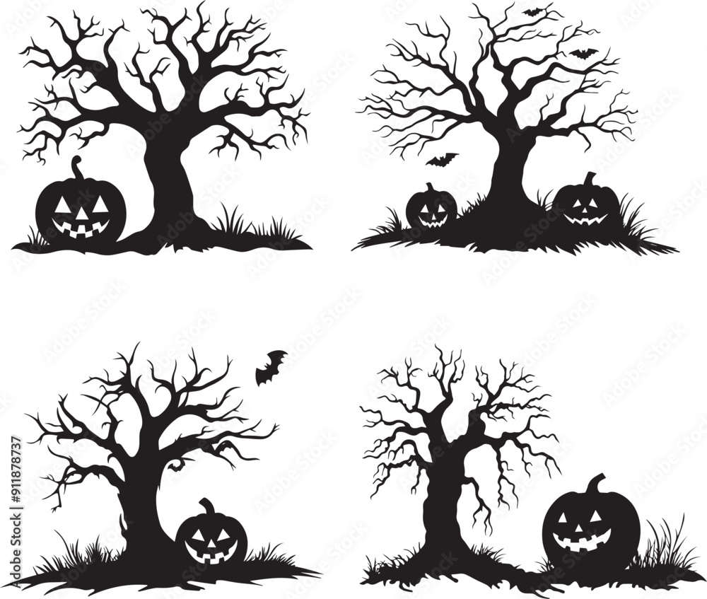 Halloween tree and pumpkin vector icon, collection of trees with halloween pumpkins vector Halloween tree and pumpkin vector icon, collection of trees with halloween pumpkins vector