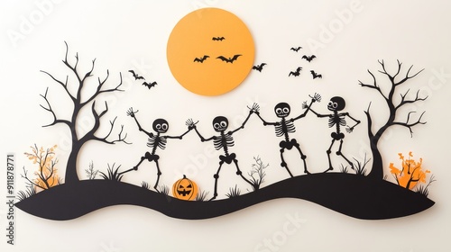 Skeleton Halloween Party: A spooky celebration with silhouettes of dancing skeletons against a backdrop of a glowing moon, bats, and a jack-o-lantern. Perfect for Halloween decor, invitations, and soc