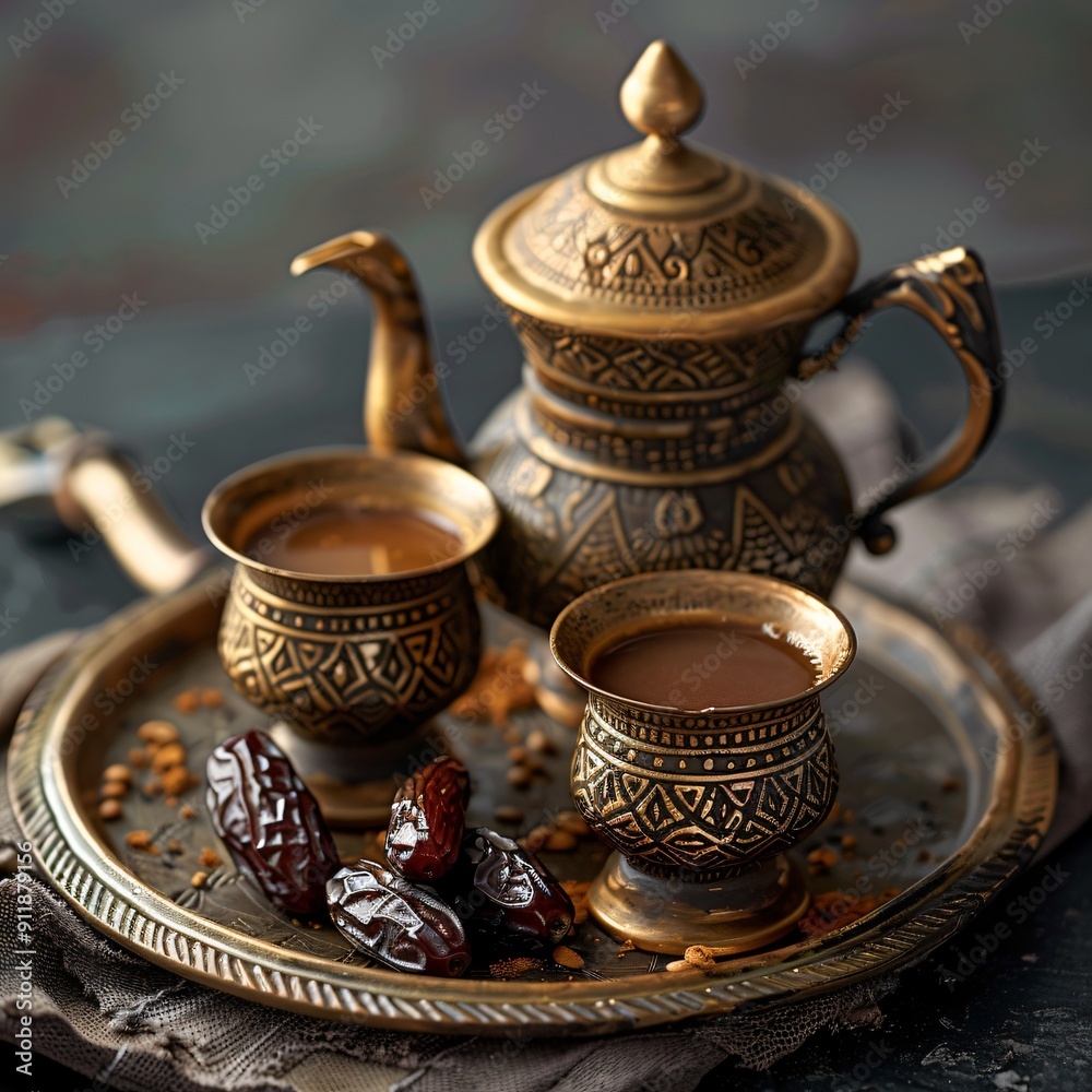Arabic Coffee with Dates on a Traditional Tray Arabic Coffee with Dates on a Traditional Tray
