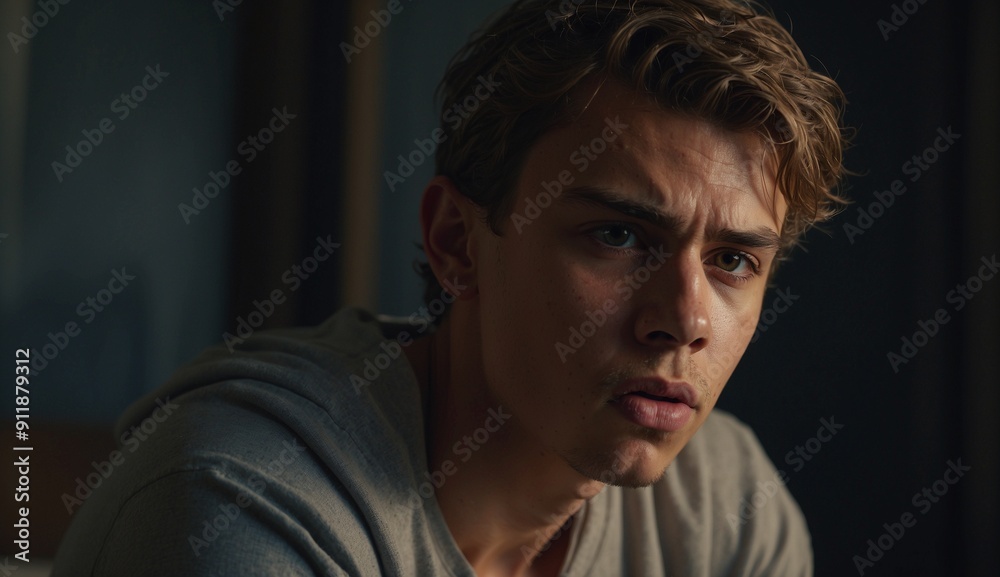 Fototapeta premium Pensive young man in casual gray shirt with intense gaze.