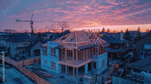 New Residential Home Under Construction at Sunset in a Suburban Neighborhood