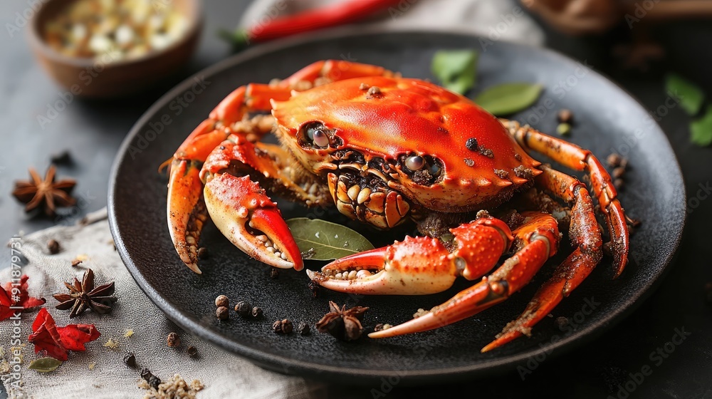 A crab is sitting on a black plate with some spices on it A crab is sitting on a black plate with some spices on it