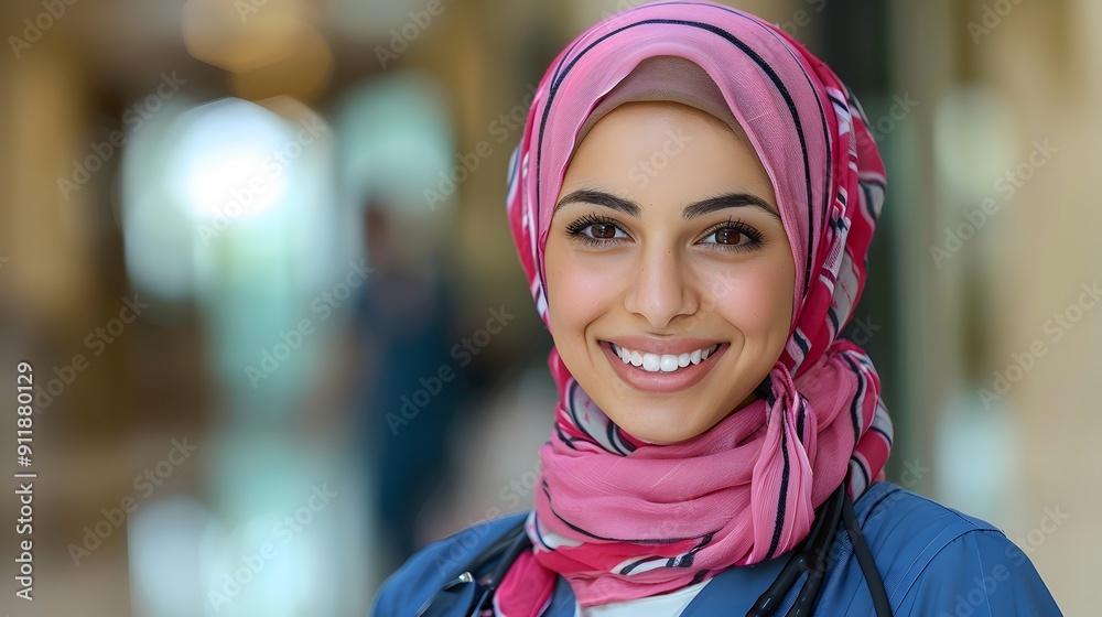 Smiling Woman Wearing a Pink Hijab and Blue Scrubs Smiling Woman Wearing a Pink Hijab and Blue Scrubs