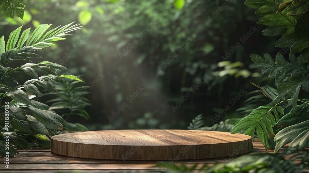 Tropical Wooden Podium Set in a Lush Jungle for Product Presentation Background Illustration Tropical Wooden Podium Set in a Lush Jungle for Product Presentation Background Illustration