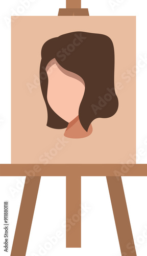 Wooden easel holding canvas presenting an unfinished painting depicting a woman with brown hair