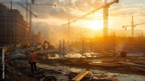 Construction Workers Overseeing Project Progress at Sunset With Cranes and Equipment Present