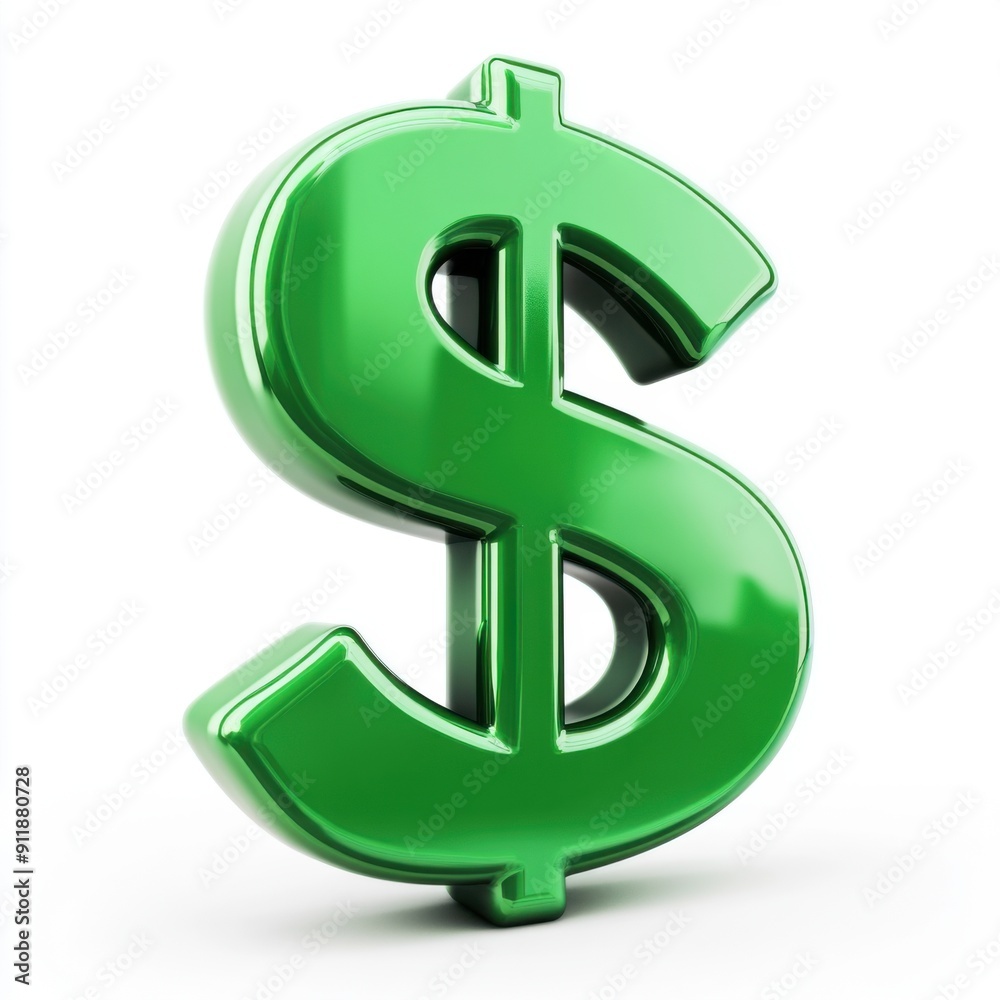 Fototapeta premium Shiny Green Dollar Sign Financial Symbol in 3D Render Isolated on White Background