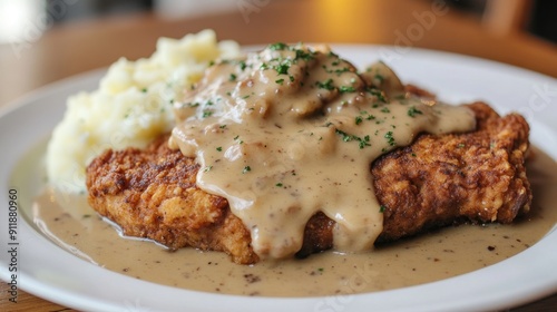 A plate of food with gravy and mashed potatoes