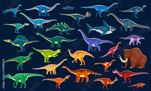 Color cartoon prehistoric dinosaurs vector set. Colorful dino species, terrestrial or aquatic carnivores, omnivores, herbivores and mammoth with vibrant colors. Ancient reptiles from Jurassic era