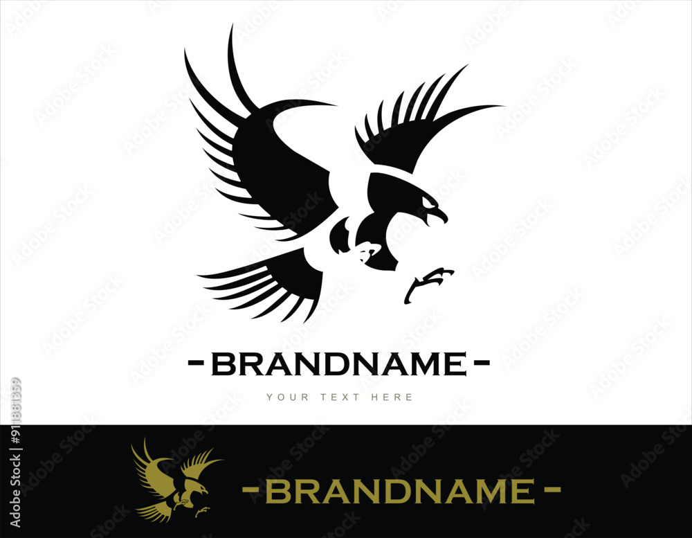 Fototapeta premium Flying Eagle, spread out its feather. black eagle on white background, gold eagle on black background