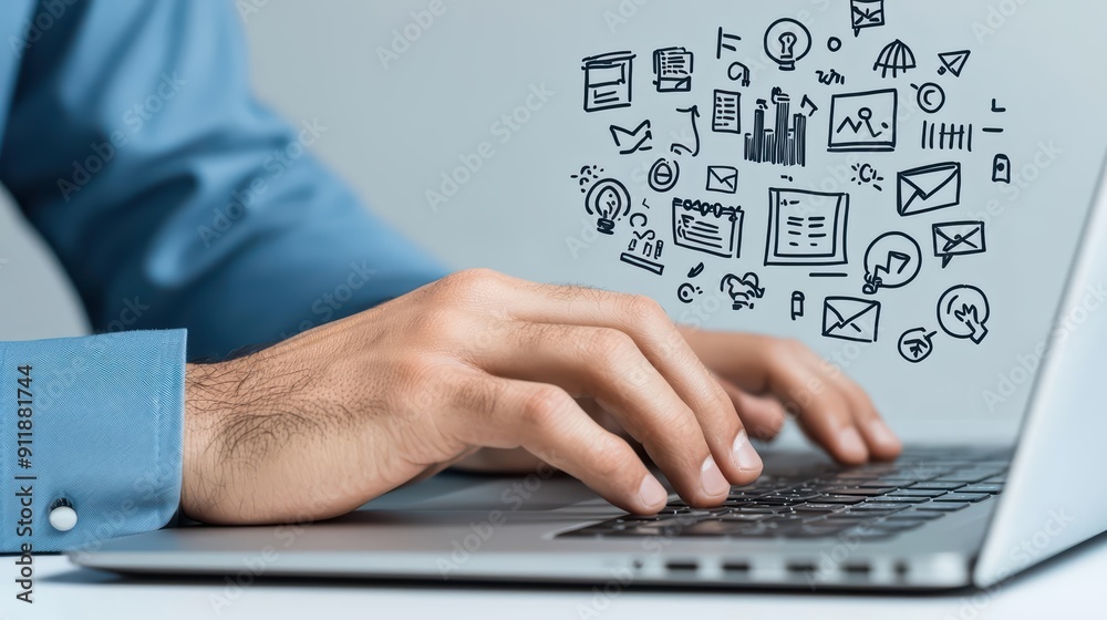 A corporate professional s hand in a blue shirt operating a laptop