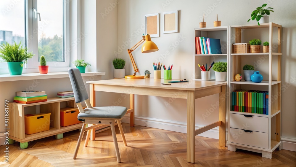 A tidy and organized home workspace with a desk, chair, textbooks, and stationery, evoking a sense of support and guidance for a child's learning journey. A tidy and organized home workspace with a desk, chair, textbooks, and stationery, evoking a sense of support and guidance for a child's learning journey.