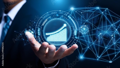 Technical Support Businessman Holding Icon with Expertise, Troubleshooting on Analysis Chart and Networking, Generative AI