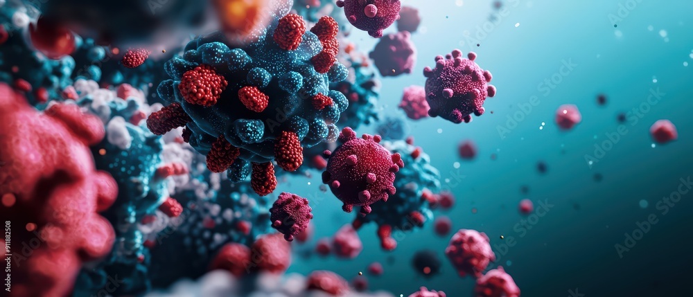 A modern and dynamic scene featuring an array of vividly colored viruses in a hightech microscopic view A modern and dynamic scene featuring an array of vividly colored viruses in a hightech microscopic view
