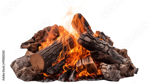 Close Up to a campfire PNG Logs on Fire Place With Wood isolated on white and transparent background - Outdoors Fireside Burning Woods Campsite Bushcraft Concecpt photo