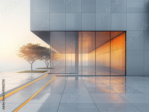Modern Architectural Structure Featuring Glass Facade and Reflected Sunset in Urban Setting