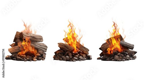 Set Of campfires PNG Logs on Fire Place With Wood isolated on white and transparent background - Outdoors Fireside Burning Woods Campsite Bushcraft Concecpt photo
