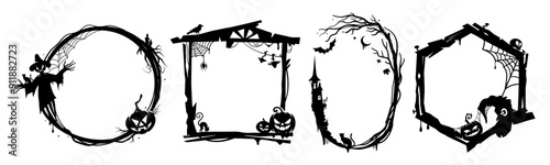 Black Halloween holiday frames and borders. Isolated vector scary vignettes with creepy scarecrow, pumpkin faces, spiderweb and witch hat, skull, haunted castle, tree branches and bats silhouettes