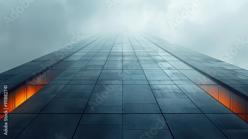 Tall Modern Building Soaring Into Overcast Sky With Glowing Windows at Dusk