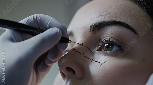 close-up of a surgeon's hands marking correction lines on a woman's face, indicating areas for enhancemen photo